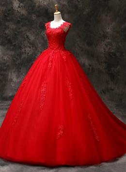 Picture of Gorgeous Red Color Tulle Ball Gown Long Formal Dresses with Lace Flowers, Red Color Sweet 16 Dress